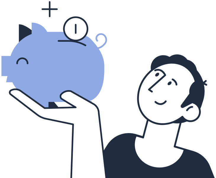 Vector image of a male entrepreneur holding up a piggy bank with coins going into the top slot. Represents small business or entrepreneurial funding.